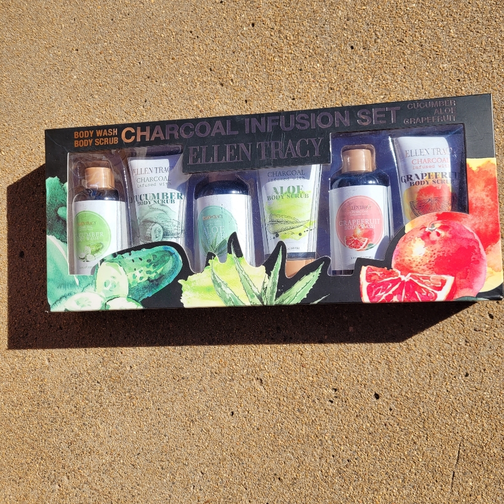 Ellen Tracy Charcoal Infusion Trio Cucumber Aloe Grapefruit Body Wash Scrub Set